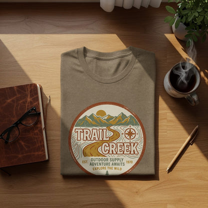 Heritage Heritage Explorer Trail Creek Nomad Tee: Brown t-shirt with "Trail Creek" outdoor adventure logo and EST. 1970.