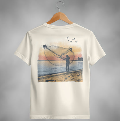 Fisherman casting a net at sunset with birds flying overhead.