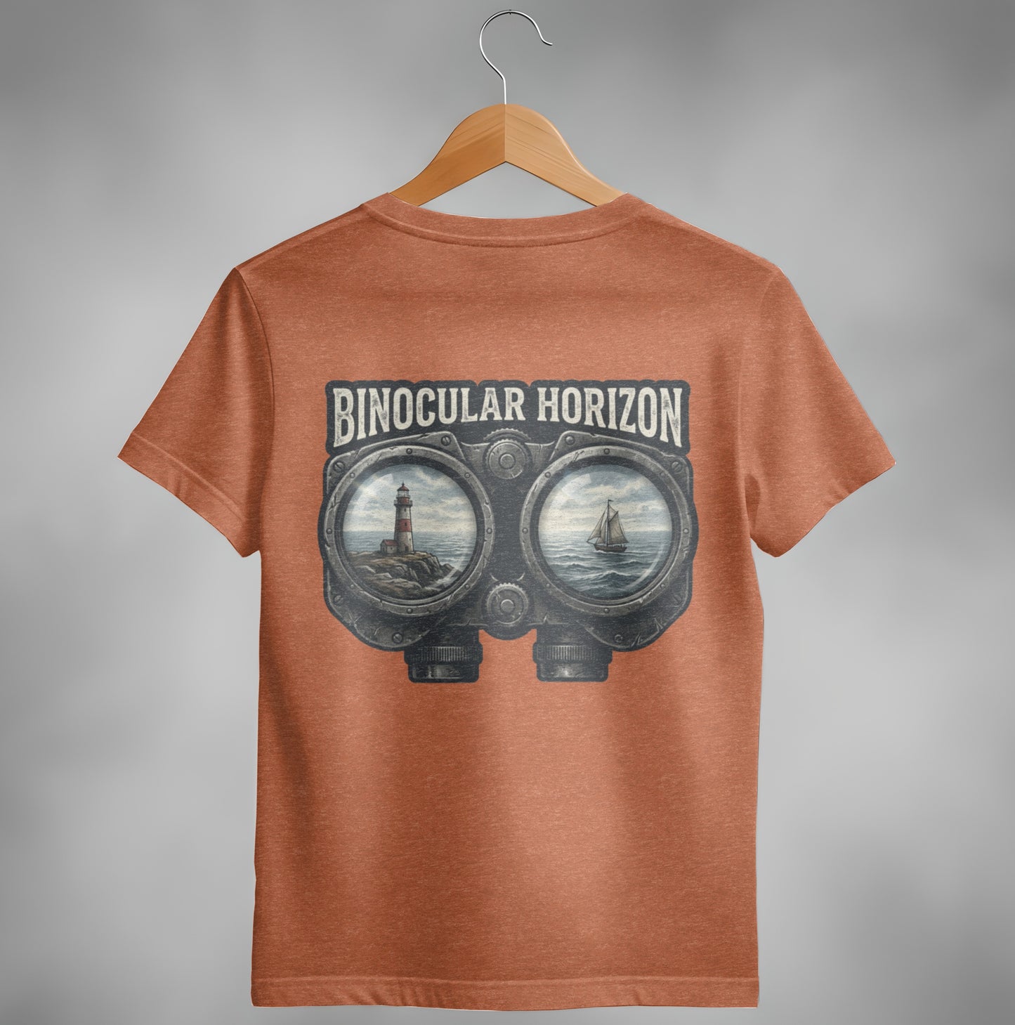 Orange t-shirt with "BINOCULAR HORIZON" above binoculars showing lighthouse and sailboat.
