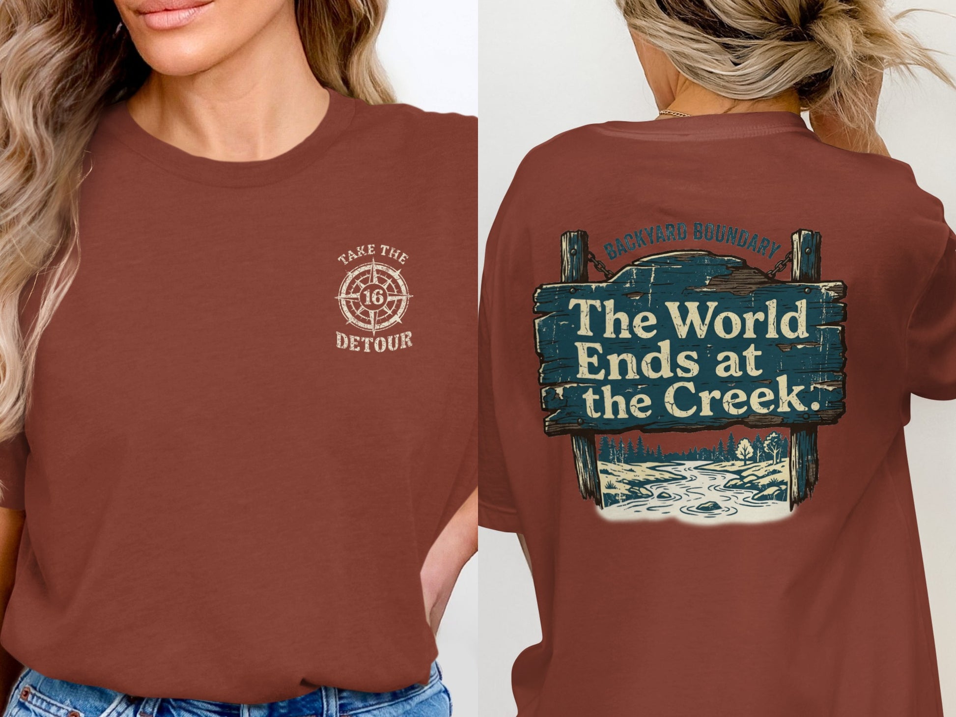 T-shirt with compass graphic and text "Take the Detour" on front, and "The World Ends at the Creek" sign on back.
