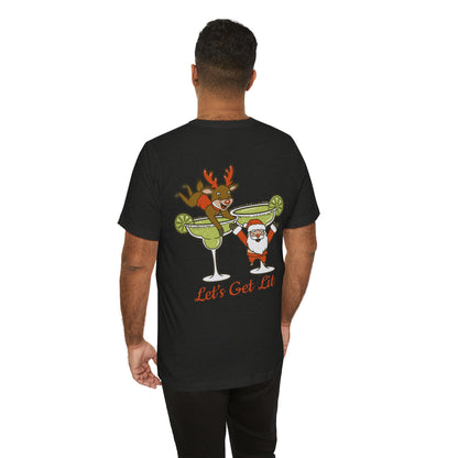 Scrappy Malone's Bar Christmas Tee — "Let's Get Lit" Santa & Rudolf Hanging from Martini Glass