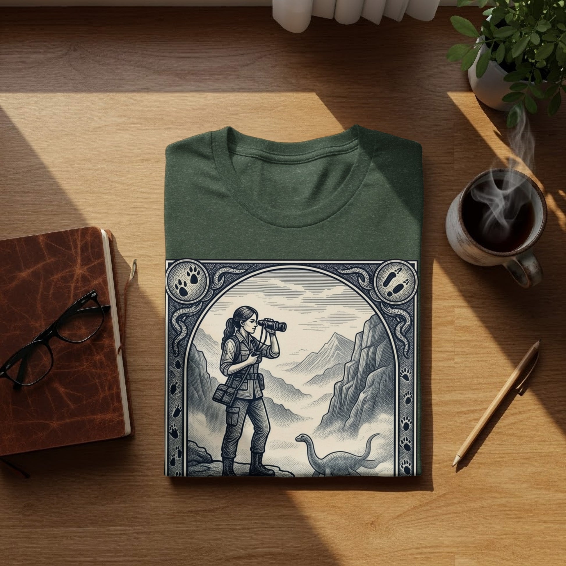 Green t-shirt featuring a woman in binoculars and a dinosaur, framed by paw prints.