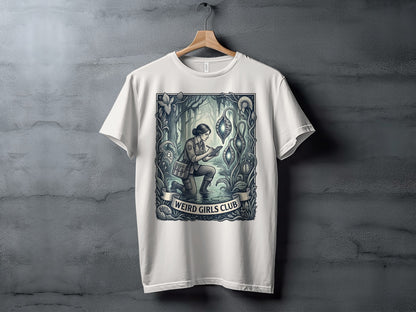 White t-shirt featuring a woman in a vintage outfit examining glowing plants.