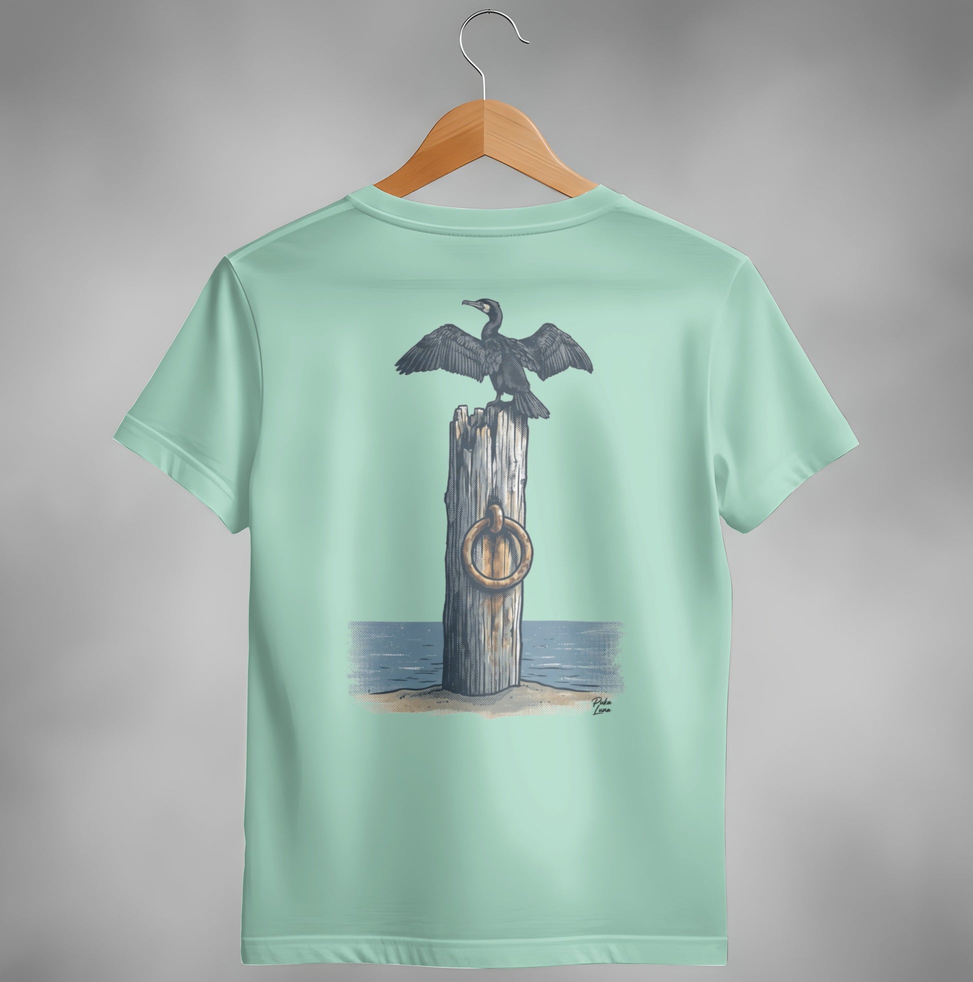 Cormorant perched on a wooden post with a ring, on a beach.