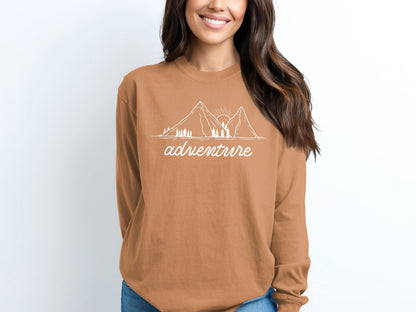 Adventure Awaits Mountains and Sunshine Graphic Long Sleeve T-Shirt Long Sleeve Tee - Outdoor & Adventure Collection - Mile Marker 16 Gear by Cloud 16 Clothing Co.