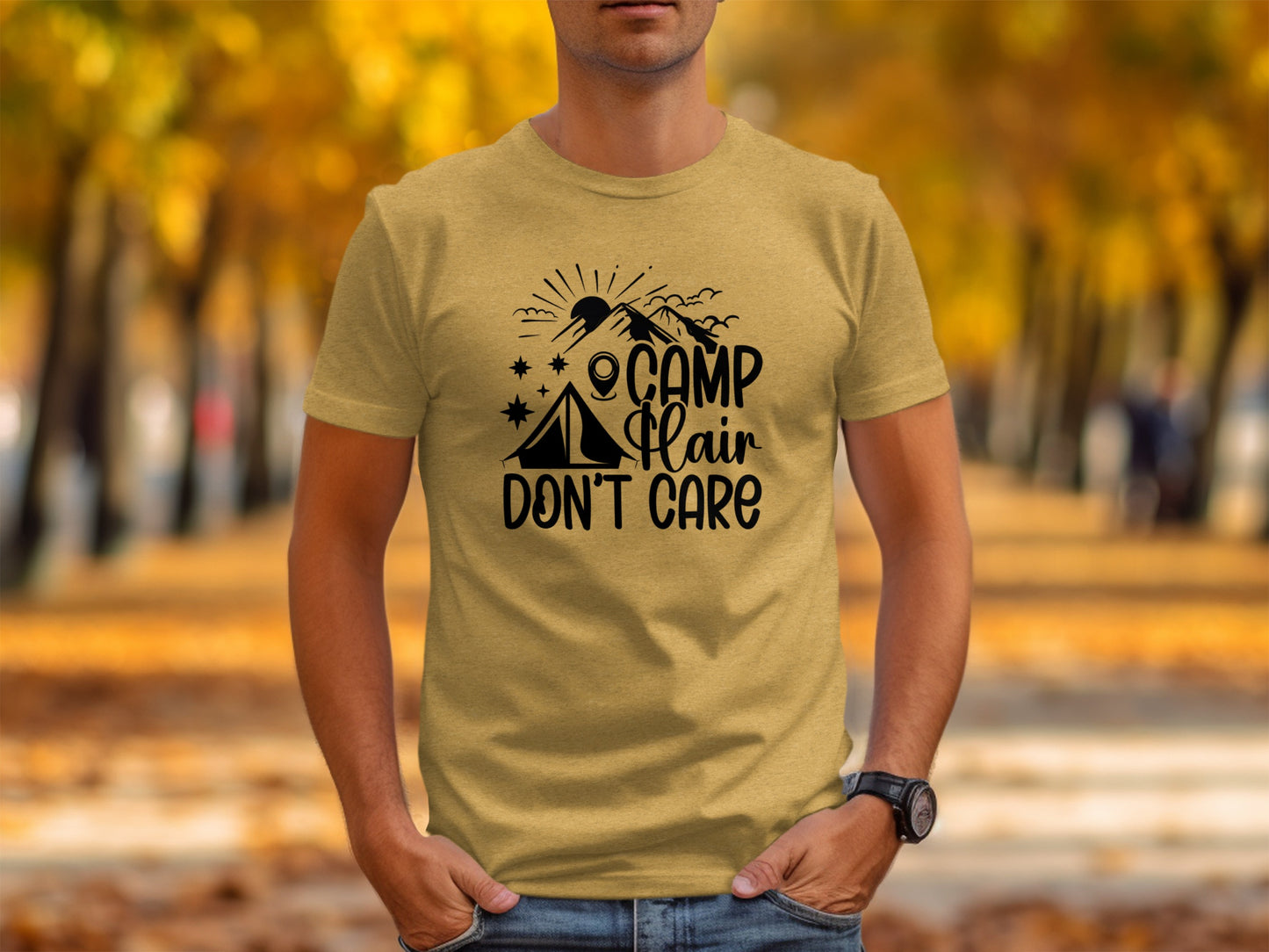 Camp Hair Dont Care with Mountain Scene Graphic T-Shirt T-Shirt - Outdoor & Adventure Collection - Mile Marker 16 Gear by Cloud 16 Clothing Co.