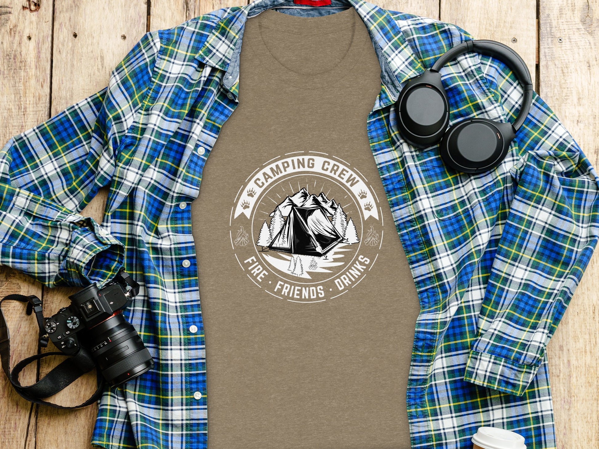 Camping Crew Friends Drinks Fire Tent Mountain Scene T-Shirt T-Shirt - Outdoor & Adventure Collection - Mile Marker 16 Gear by Cloud 16 Clothing Co.