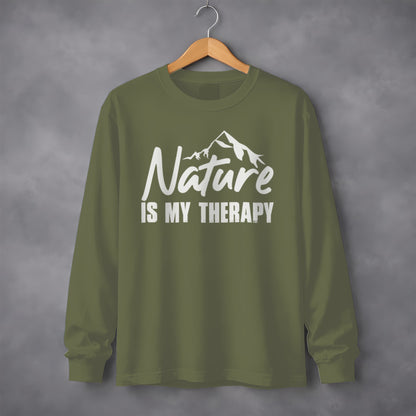Nature Is My Therapy Mountain Graphic Text Long Sleeve T-Shirt Long Sleeve Tee - Outdoor & Adventure Collection - Mile Marker 16 Gear by Cloud 16 Clothing Co.