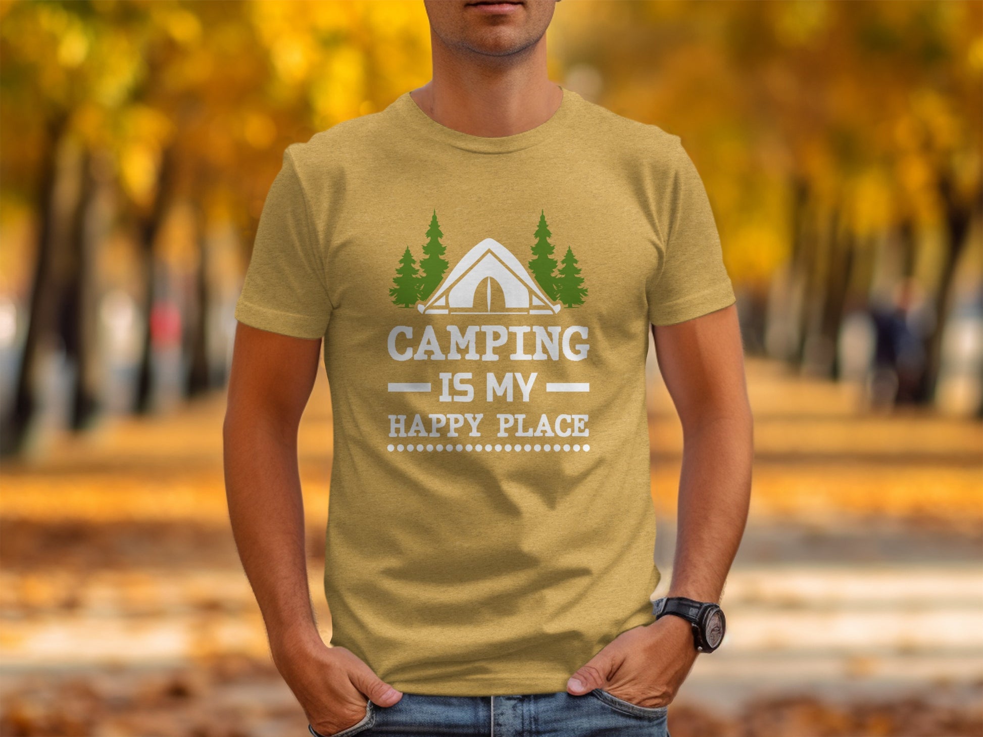Camping Is My Happy Place Tent And Trees Graphic T-Shirt T-Shirt - Outdoor & Adventure Collection - Mile Marker 16 Gear by Cloud 16 Clothing Co.