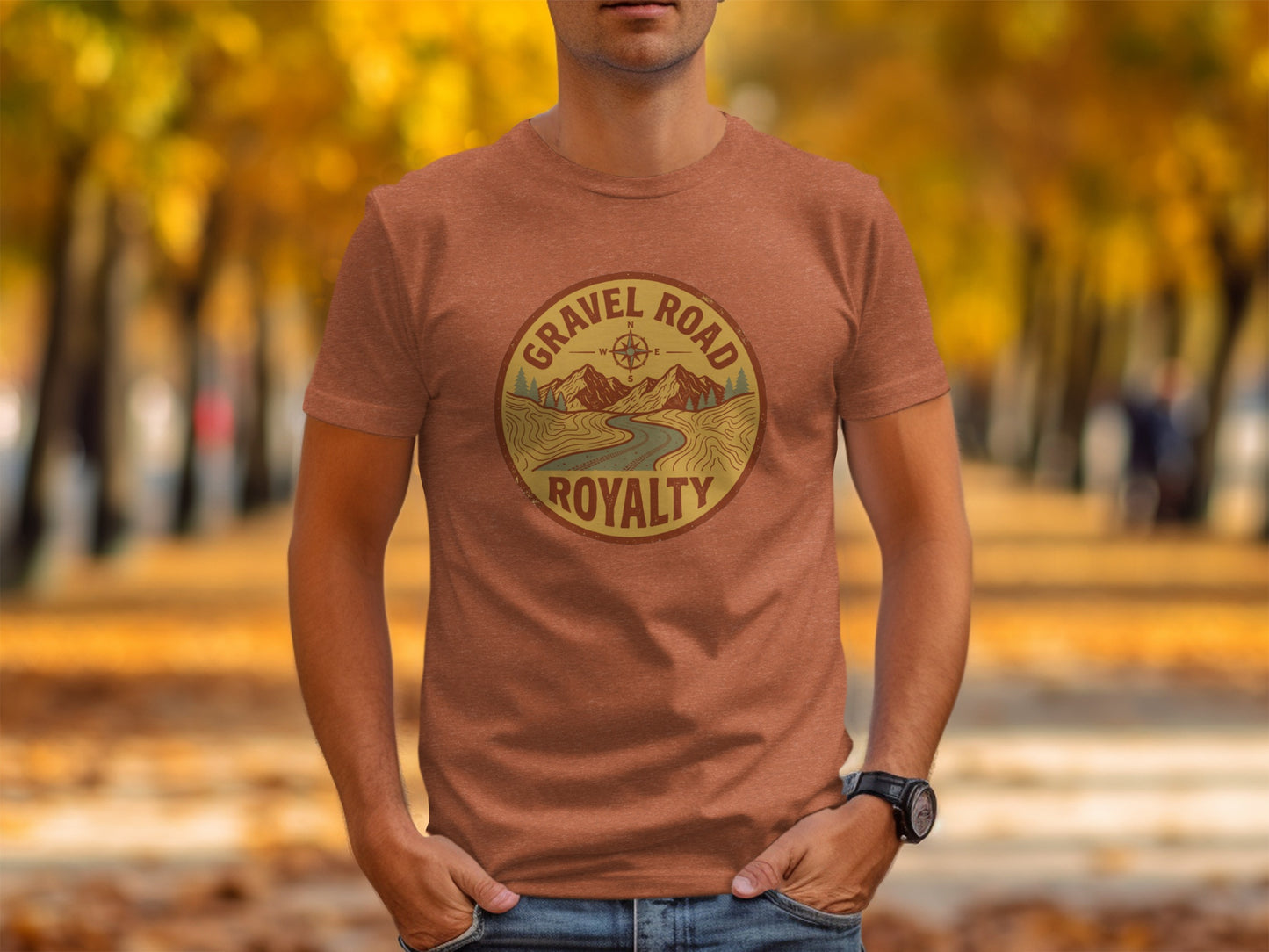 Gravel Road Royalty Adventure Tee | Vintage Outdoor Apparel: Brown t-shirt with "Gravel Road Royalty" graphic featuring a mountain landscape.