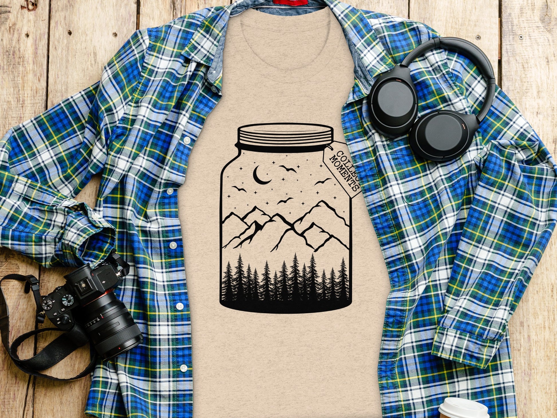 Collect Moments Jar with Mountains Scene Design T-Shirt T-Shirt - Outdoor & Adventure Collection - Mile Marker 16 Gear by Cloud 16 Clothing Co.