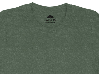 Green heather t-shirt with black label series cloud 16 logo on the collar.