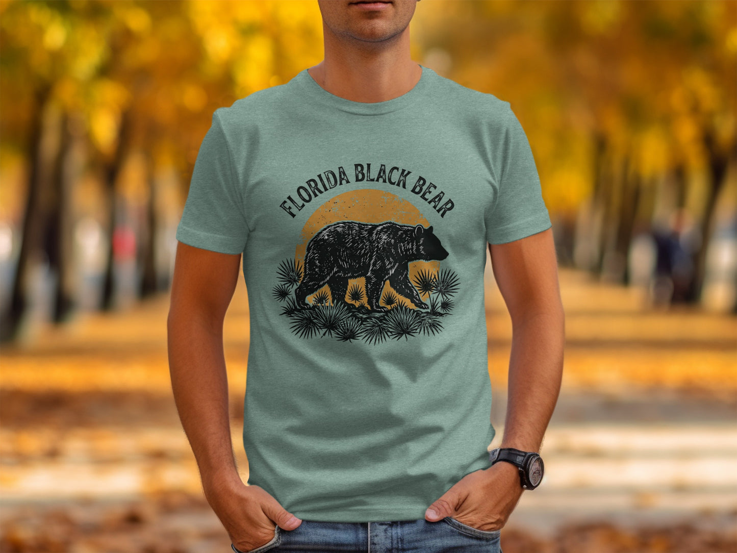 Heritage Florida Bear Trails Classic Nomad Tee: Gray t-shirt with a black bear, sun, and palm fronds graphic.