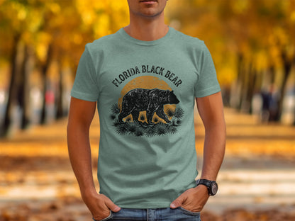 Heritage Florida Bear Trails Classic Nomad Tee: Gray t-shirt with a black bear, sun, and palm fronds graphic.