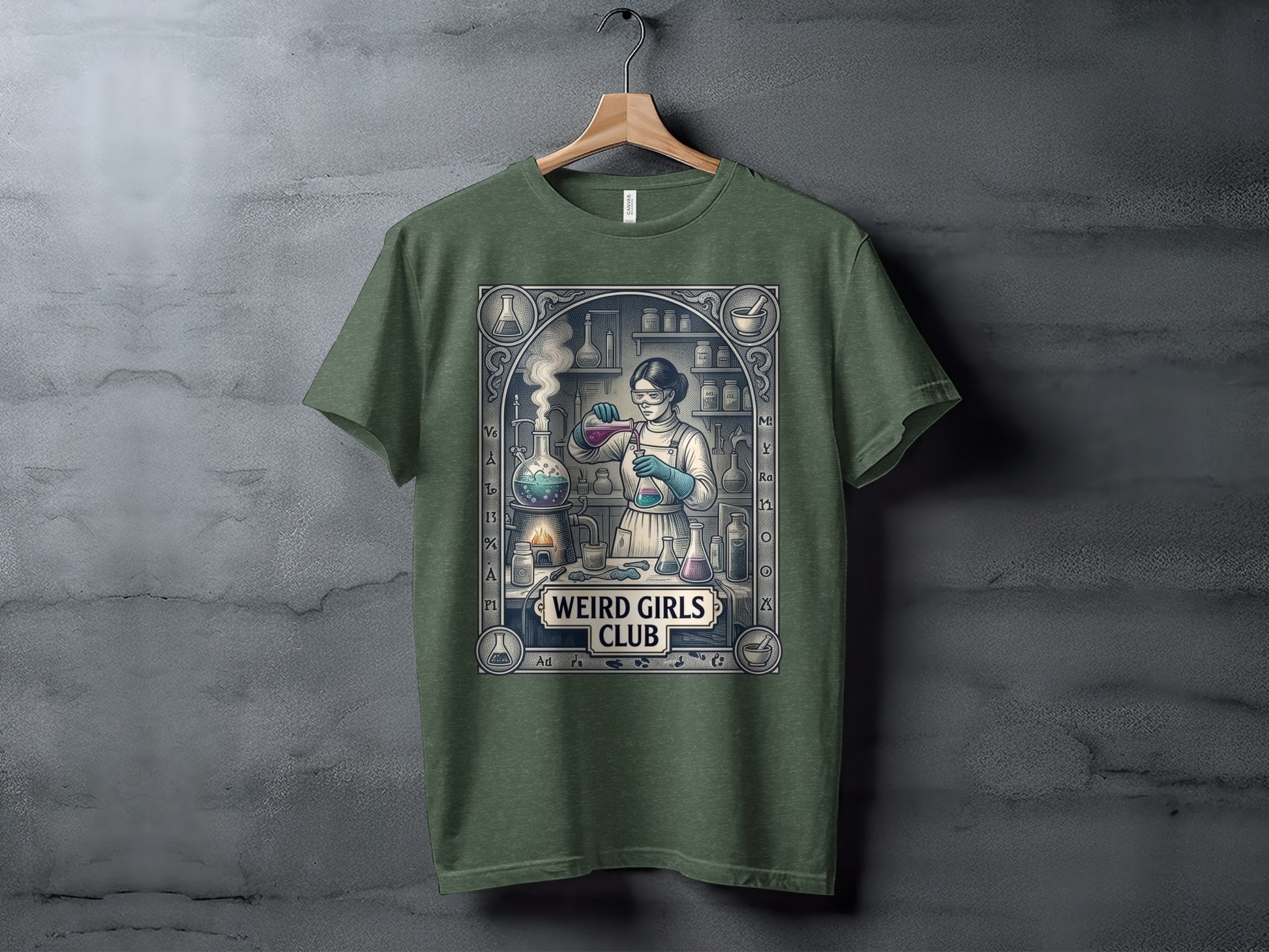T-shirt graphic of a woman in a lab with beakers and the text "Weird Girls Club".