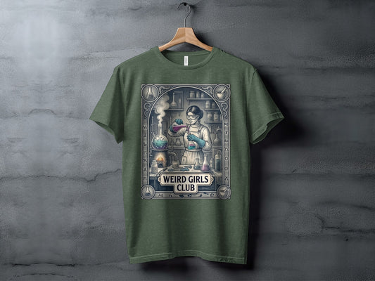 T-shirt graphic of a woman in a lab with beakers and the text "Weird Girls Club".