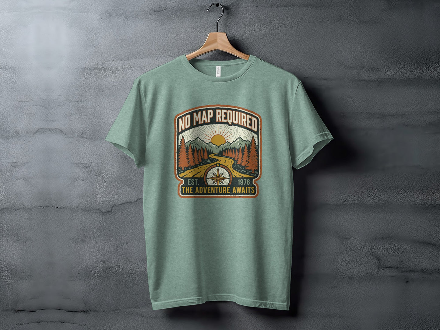 Heritage No Map Required: The Adventure Awaits Nomad Tee: Green t-shirt with "No Map Required" graphic and "The Adventure Awaits" text.