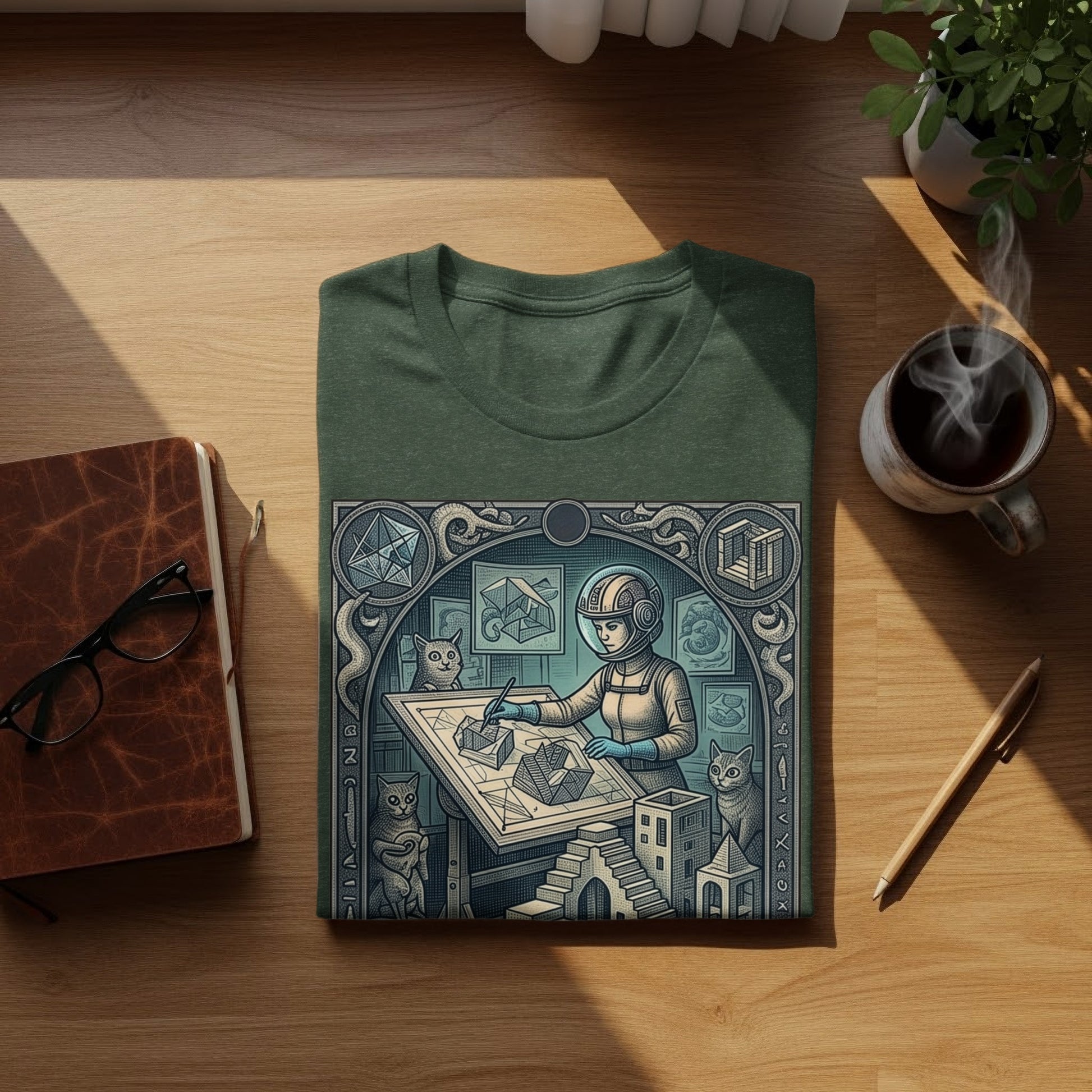 Astronaut drawing geometric cityscape with cats, on a folded t-shirt.