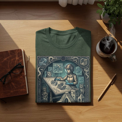 Astronaut drawing geometric cityscape with cats, on a folded t-shirt.