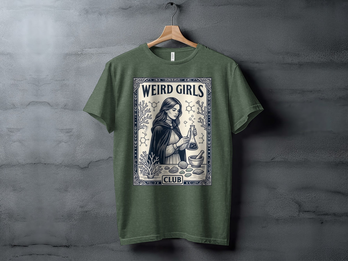 "Weird Girls Club" t-shirt with a vintage illustration of a woman with a flask.