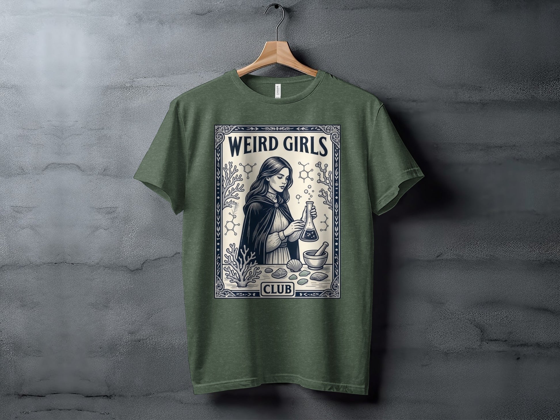 "Weird Girls Club" t-shirt with a vintage illustration of a woman with a flask.