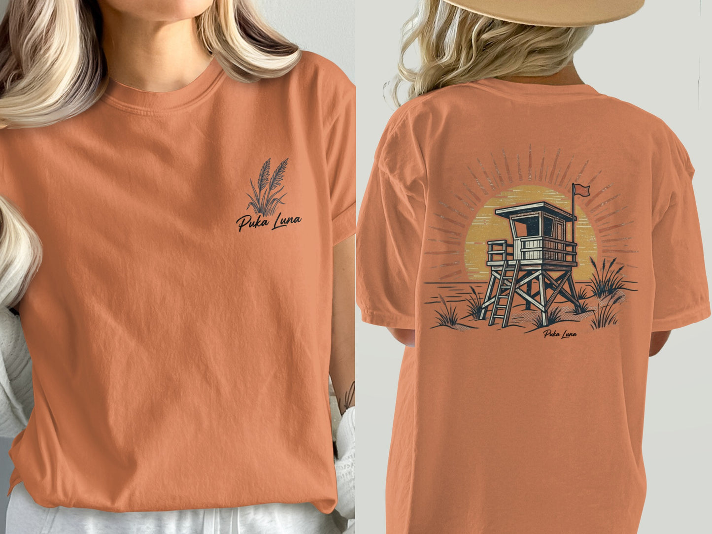 Orange t-shirt with "Puka Luna" text and beach lifeguard tower graphic.