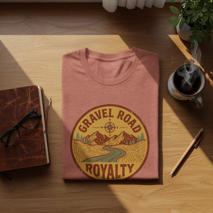 Gravel Road Royalty Adventure Tee | Vintage Outdoor Apparel: Pink t-shirt with Gravel Road Royalty circular graphic.