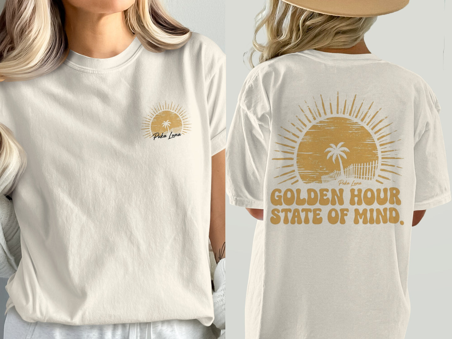 Cream t-shirt with "Puka Luna" and sun graphic on front, "Golden Hour State of Mind" on back.