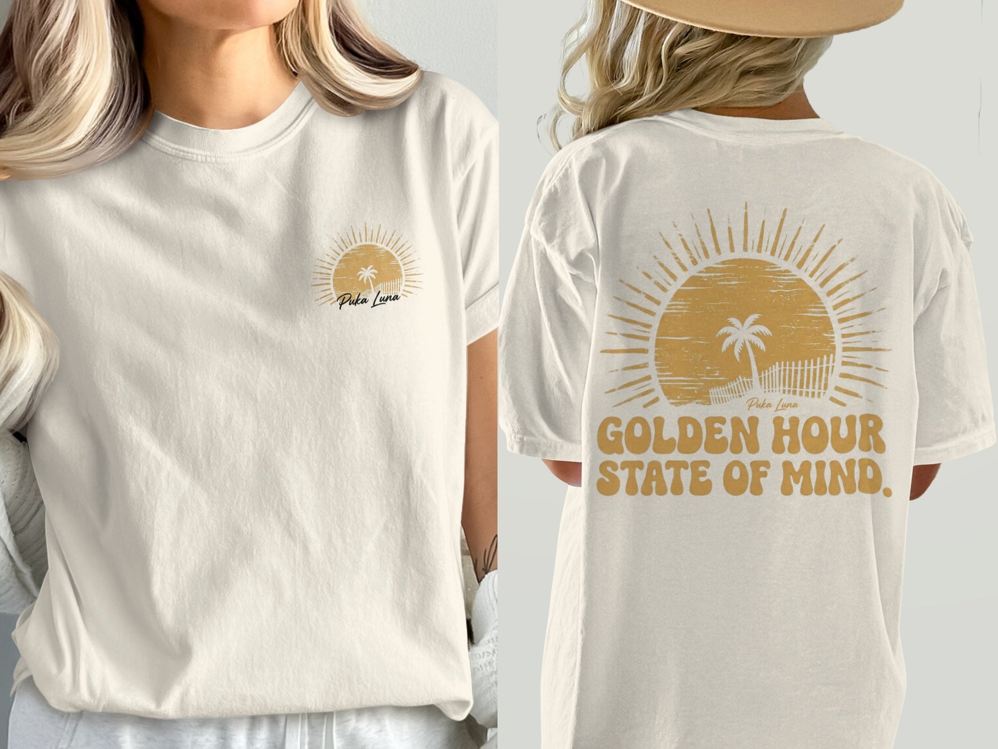 Cream t-shirt with "Puka Luna" and sun graphic on front, "Golden Hour State of Mind" on back.