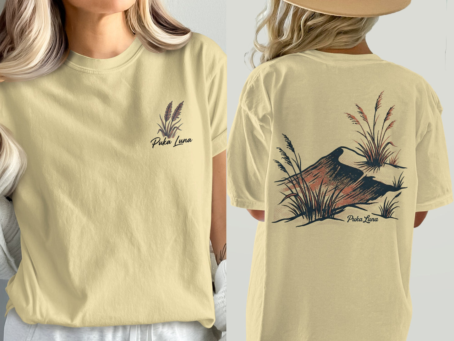 T-shirt with Puka Luna text and wheat design on front and back.