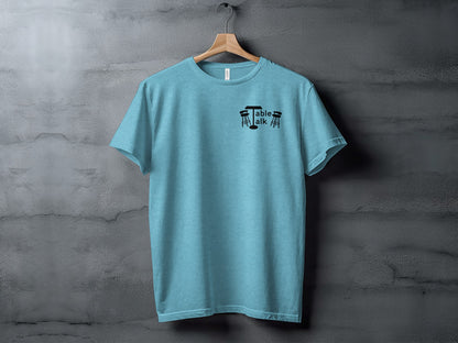 Trendy Casual Blue T-shirt with Table Talk Graphic Design