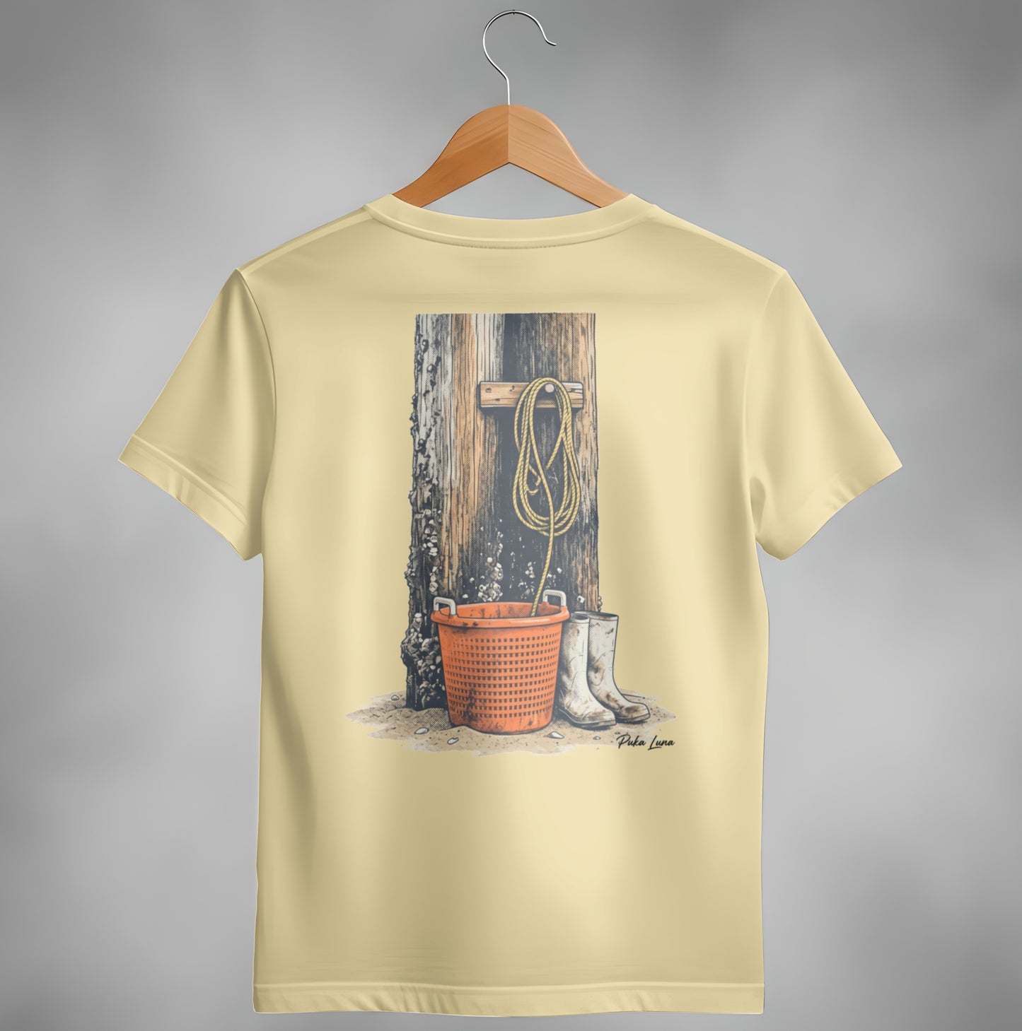 Illustration of a bucket, boots, and rope against a wooden post.
