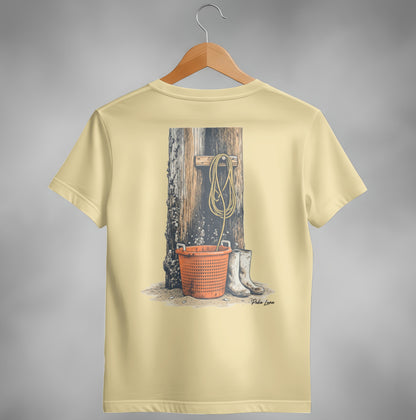 Illustration of a bucket, boots, and rope against a wooden post.