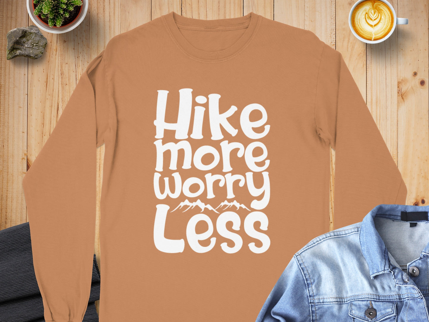 Hike More Worry Less With Mountain Graphic Long Sleeve T-Shirt Long Sleeve Tee - Outdoor & Adventure Collection - Mile Marker 16 Gear by Cloud 16 Clothing Co.