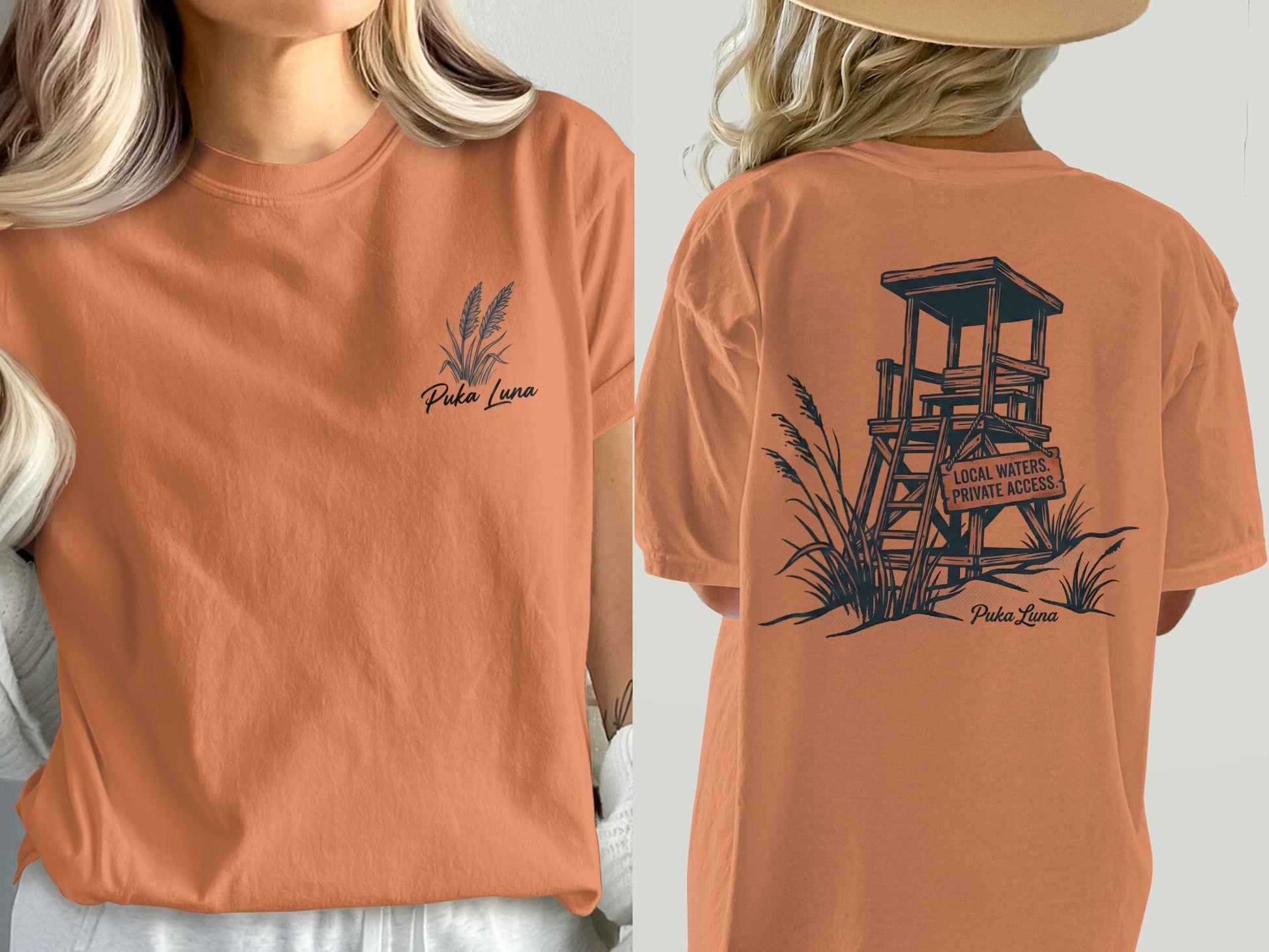 Orange t-shirt with Puka Luna logo on front and beach lifeguard stand graphic on back.