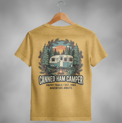 Yellow t-shirt with "Canned Ham Camper" and a vintage camper scene.
