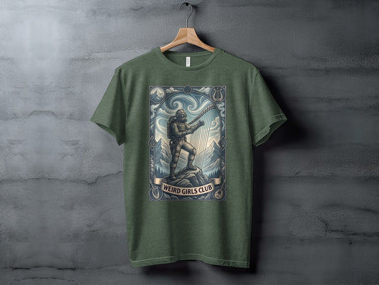 Olive green t-shirt with a circular illustration of a diver playing a harp on a mountain peak.