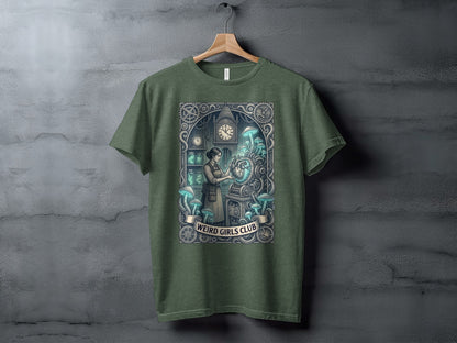 T-shirt graphic of a woman in a laboratory with steampunk machinery and glowing mushrooms.