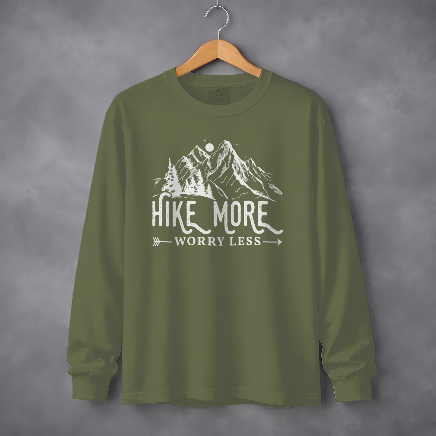 Hike More Worry Less Mountain Design Funny Outdoor Long Sleeve T-Shirt Long Sleeve Tee - Outdoor & Adventure Collection - Mile Marker 16 Gear by Cloud 16 Clothing Co.