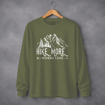 Hike More Worry Less Mountain Design Funny Outdoor Long Sleeve T-Shirt Long Sleeve Tee - Outdoor & Adventure Collection - Mile Marker 16 Gear by Cloud 16 Clothing Co.