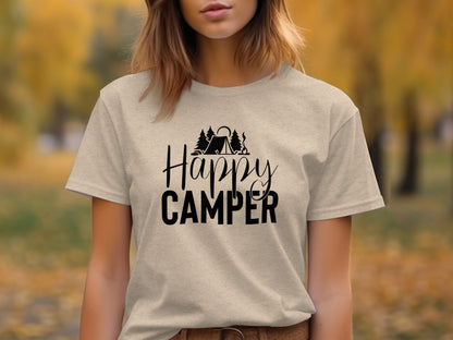 Happy Camper with Trees and Tent Adventure Nature T-Shirt T-Shirt - Outdoor & Adventure Collection - Mile Marker 16 Gear by Cloud 16 Clothing Co.