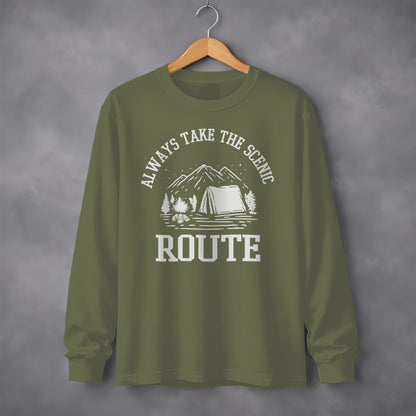 Always Take The Scenic Route Camping Adventure Long Sleeve T-Shirt Long Sleeve Tee - Outdoor & Adventure Collection - Mile Marker 16 Gear by Cloud 16 Clothing Co.