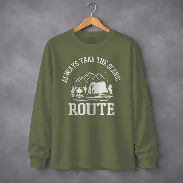 Always Take The Scenic Route Camping Adventure Long Sleeve T-Shirt Long Sleeve Tee - Outdoor & Adventure Collection - Mile Marker 16 Gear by Cloud 16 Clothing Co.