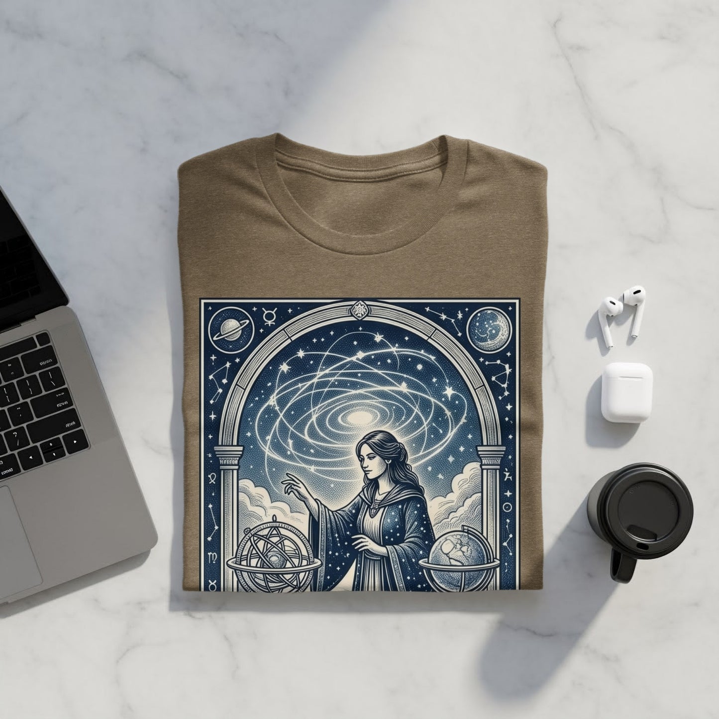Woman in celestial gown gestures towards swirling galaxy over astronomical instruments.