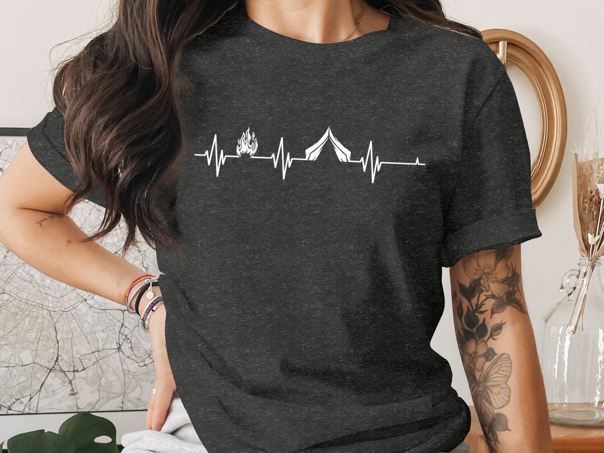 Camping Heartbeat With Tent Plus Fire Summer Camp T-Shirt T-Shirt - Outdoor & Adventure Collection - Mile Marker 16 Gear by Cloud 16 Clothing Co.