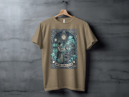 T-shirt with "Weird Girls Club" logo and intricate steampunk-themed illustration.