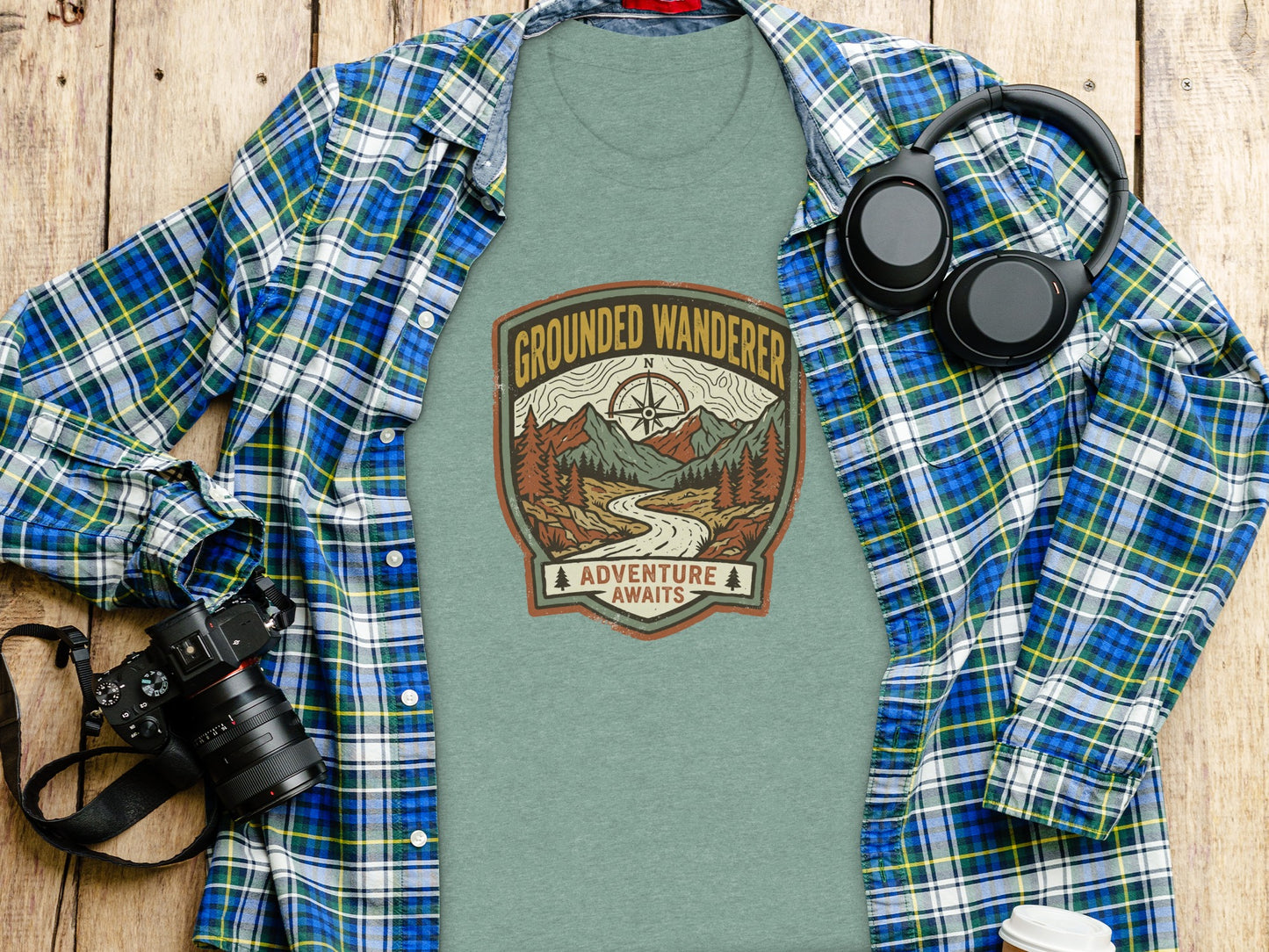 Heritage Grounded Wanderer Adventure Nomad Tee: T-shirt with "Grounded Wanderer Adventure Awaits" graphic on wood background.