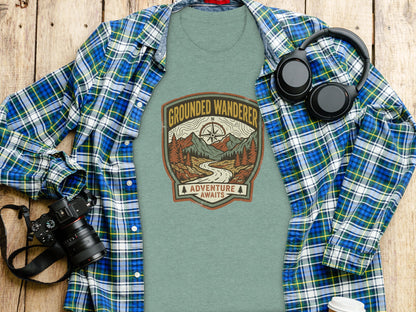 Heritage Grounded Wanderer Adventure Nomad Tee: T-shirt with "Grounded Wanderer Adventure Awaits" graphic on wood background.