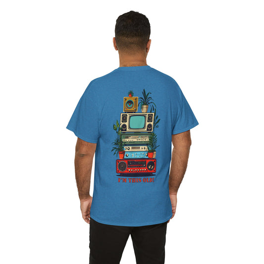 Person wearing a blue t-shirt with a graphic design on the back, standing against a white background.