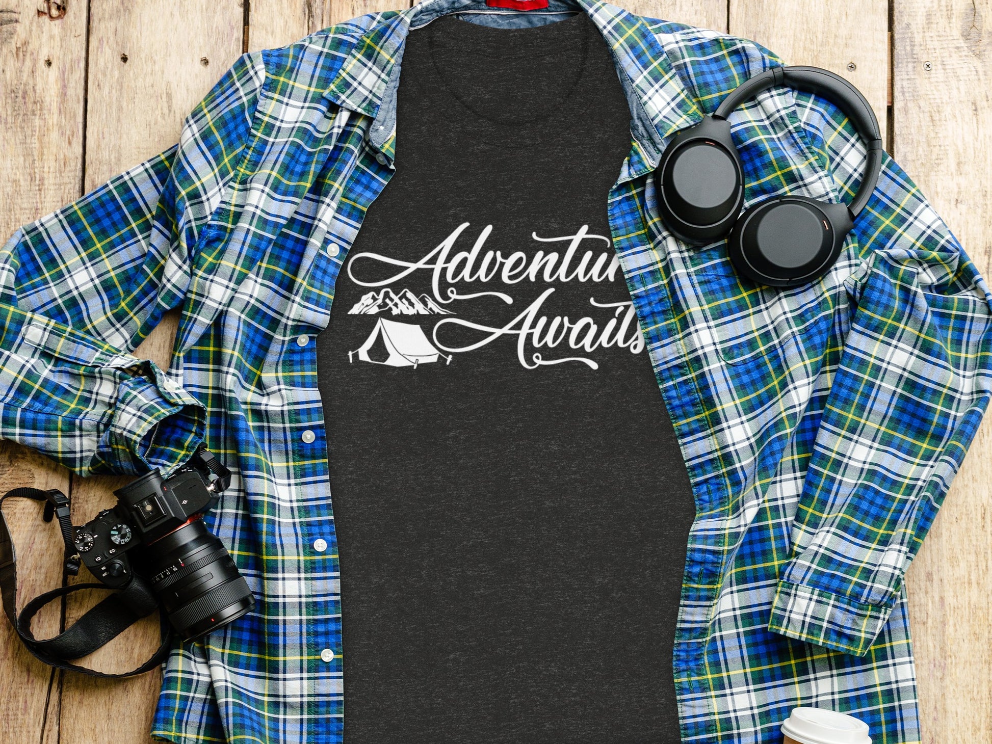 Adventure Awaits Tent Mountains Graphic Design T-Shirt T-Shirt - Outdoor & Adventure Collection - Mile Marker 16 Gear by Cloud 16 Clothing Co.